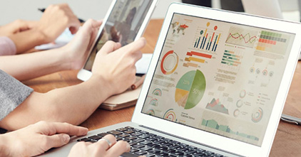 Graphs and charts on a laptop screen during meeting