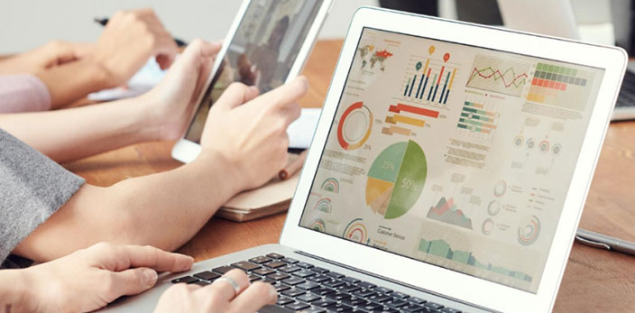 Graphs and charts on a laptop screen during meeting